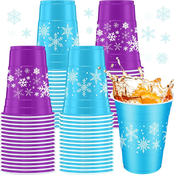 Jingmore 60 Pieces Snowflakes Frozen Plastic Cups 16oz Disposable Winter Snowflake Beverage Drinking