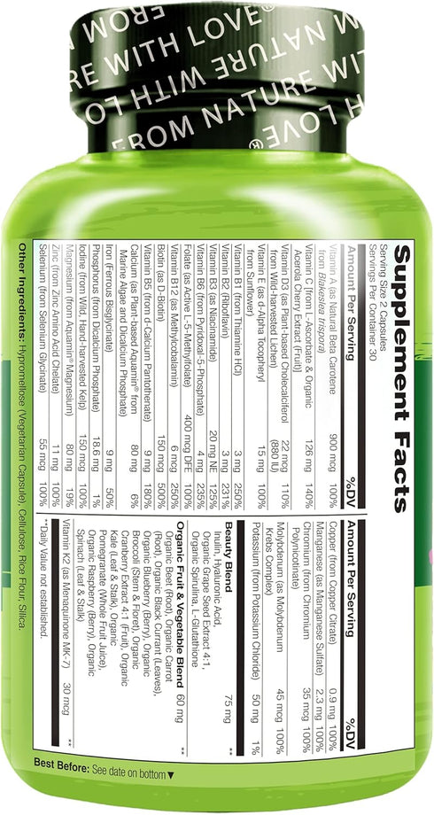 NATURELO Whole Food Multivitamin with Extra Hair, Skin and Nails Support - 60 Vegan Capsules