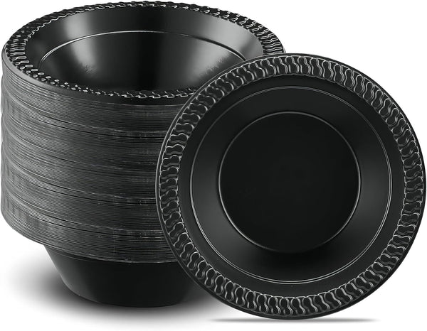 Cuisine Black Plastic Bowls, 12oz. (Pack of 100), Durable & Microwave Safe for Everyday Use