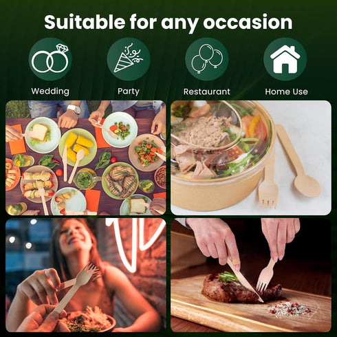 360 Count Disposable Cutlery Set, Heavy Duty Wooden Compostable Utensils, 120 Forks, Knives, Spoons