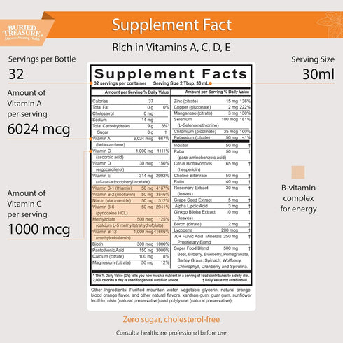 Buried Treasure VM100 Complete Daily Liquid Vitamins and Minerals Supplement, 32 Ounce, Orange Zest Flavor