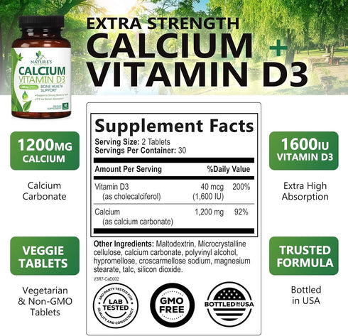 Calcium 1200 mg Plus Vitamin D3, Bone Health & Immune Support - Nature's Calcium Supplement with Extra Strength Vitamin D for Extra Strength Carbonate Absorption Dietary Supplement - 60 Tablets