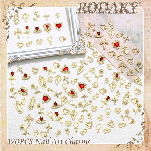 RODAKY 120PCS Gold Nail Charms, 3D Heart Crystal Rhinestone Rose Charms for Luxury Nail Decoration
