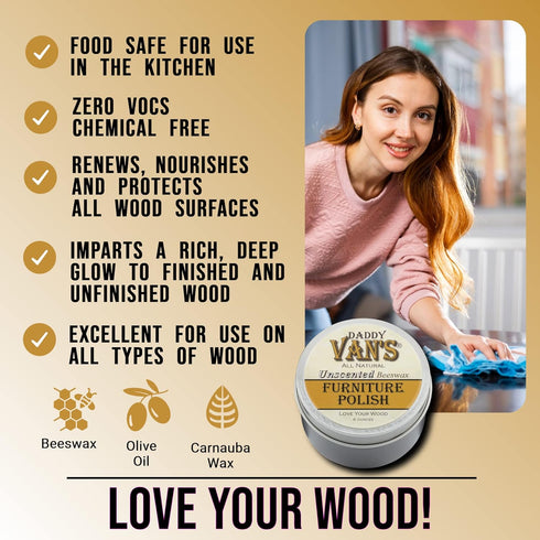 Daddy Van's All Natural Beeswax Furniture Polish, Unscented, Food-Safe Wood Wax for Furniture, Non-Toxic, Conditioning