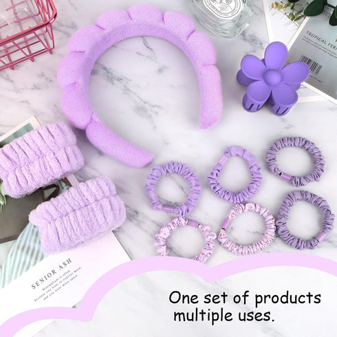 YISSION Purple Spa Headband & Wristband Set, Skincare Headband & Wrist Bands for Washing Face, Makeup Hair Scrunchies