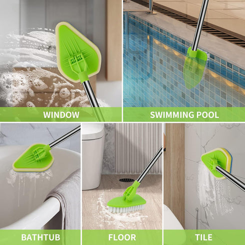 WVIOUOPU 35'' 1 3 Scrub Cleaning Brush with Long Handle - Extendable Floor Scrubber with Stiff Bristles & Sponge Brush