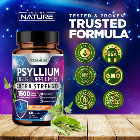 Psyllium Husk Capsules 1500mg | Natural Soluble Fiber Supplement for Digestive Health, 60 Capsules, Non-GMO, Gluten-Free