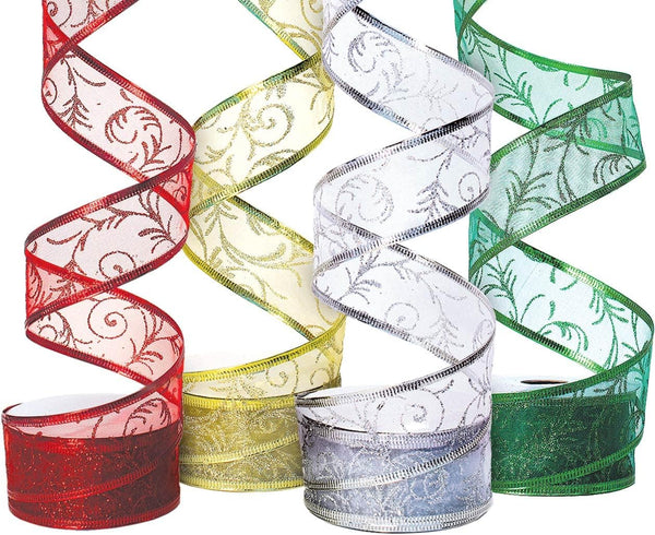 Christmas Wired Ribbon Set of 4: Red, Green, Gold, Silver/White Sheer Organza Glitter, 40 Yards Total, 10 Yards Each