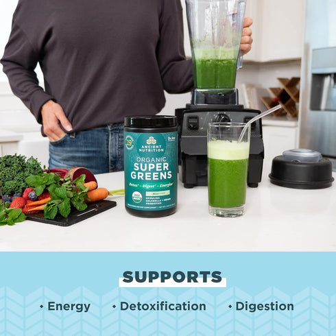 Ancient Nutrition SuperGreens Powder with Probiotics - Organic Peppermint Flavor for Digestive Support