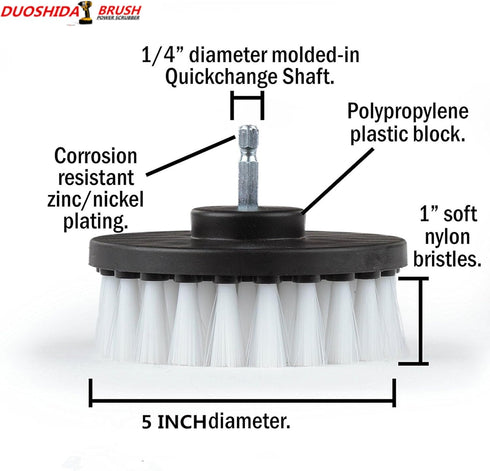 Drill Brush 5 inch White Soft Bristle– Clean Fiberglass Tub, Microfiber Upholstery, Auto Carpet, Boat Seat with Quick Change Shaft