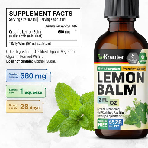 BIO KRAUTER Lemon Balm Leaf Extract, Vegan Tincture for Calmness Support, 2 Fl. Oz.
