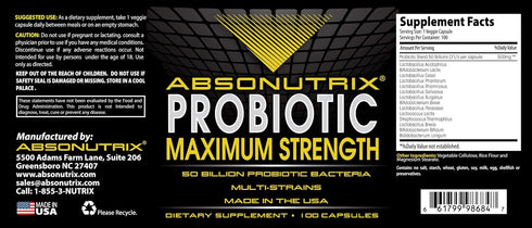 Absonutrix Probiotic Maximum Strength, 50 Billion Per Capsule, Multi-Strain, 100 Capsules