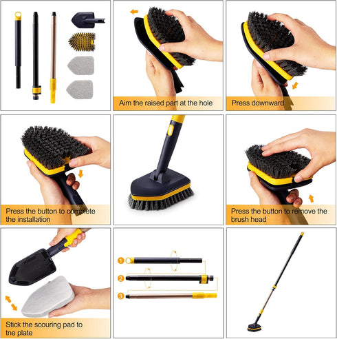 Yocada 2 in 1 Tub Tile Scrubber Brush with 58.2" Adjustable Pole, Stiff Bristles for Bathroom Cleaning