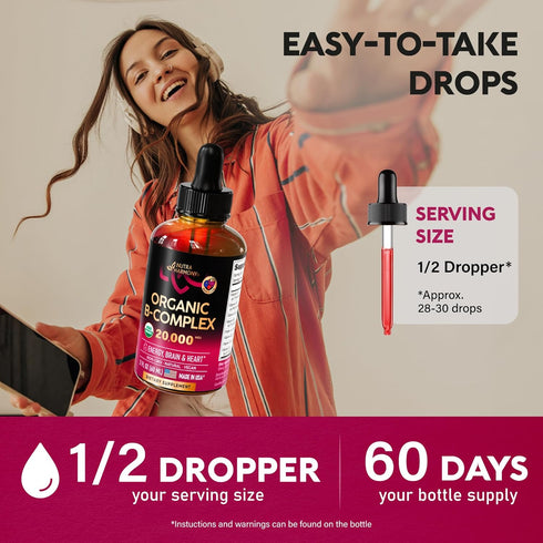 USDA Organic Vitamin B-Complex Liquid Drops, 2 fl. oz - B5, B12, B1, B6, B7, B9, B3