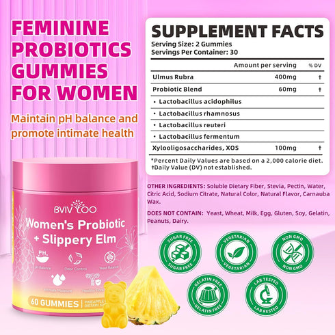 Gummies Immune 60 Count Women's Probiotic Slippery Elm - Her Juicy Probiotics for Feminine Health, Supports pH Balance
