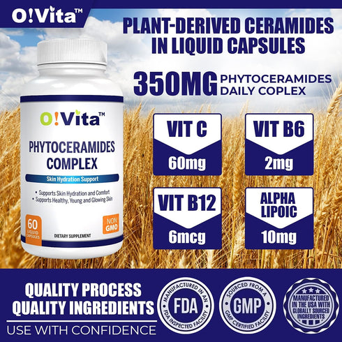 Phytoceramides Complex for Skin Repair, Anti-aging Support with Vitamins C, B-6, B-12, 60 Non-GMO Capsules