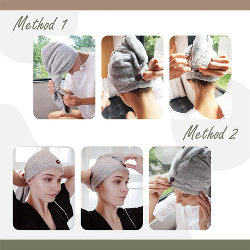 myHomeBody Hair Towel Wrap - Luxury Quick Drying Turban, Ultra Soft Charcoal Fiber Cap with Coconut Shell Button, 2 Pack