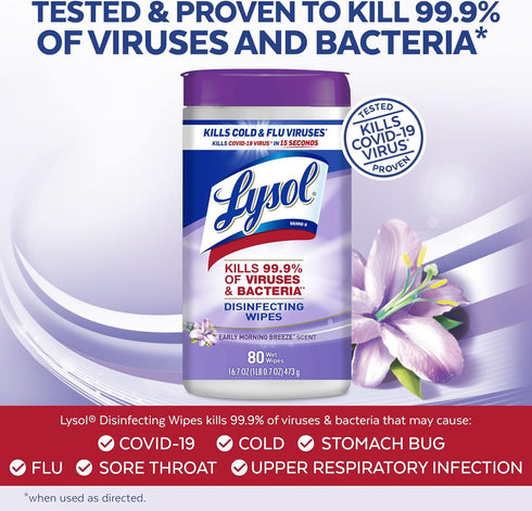 Lysol Disinfectant Wipes, 80 Count, Multi-Surface Antibacterial Cleaning Wipes, Early Morning Breeze, Pack of 6