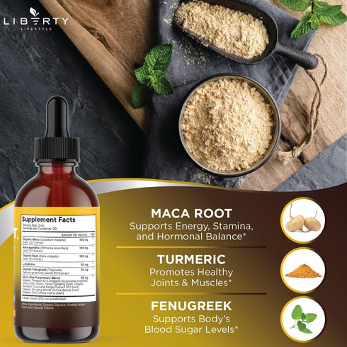 Liberty Lifestyle 4oz Organic Maca Root Liquid Drops with Ashwagandha, Nettle, Fenugreek, Beet Root and L-Arginine