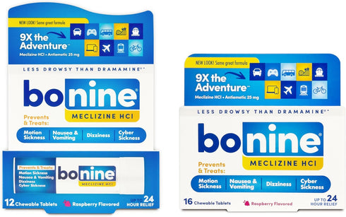 Bonine Non-Drowsy Motion Sickness Relief, Chewable Tablets with Meclizine HCL 25mg, Raspberry Flavor, 28 Tablets