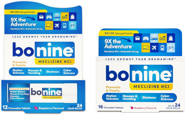 Bonine Non-Drowsy Motion Sickness Relief, Chewable Tablets with Meclizine HCL 25mg, Raspberry Flavor, 28 Tablets