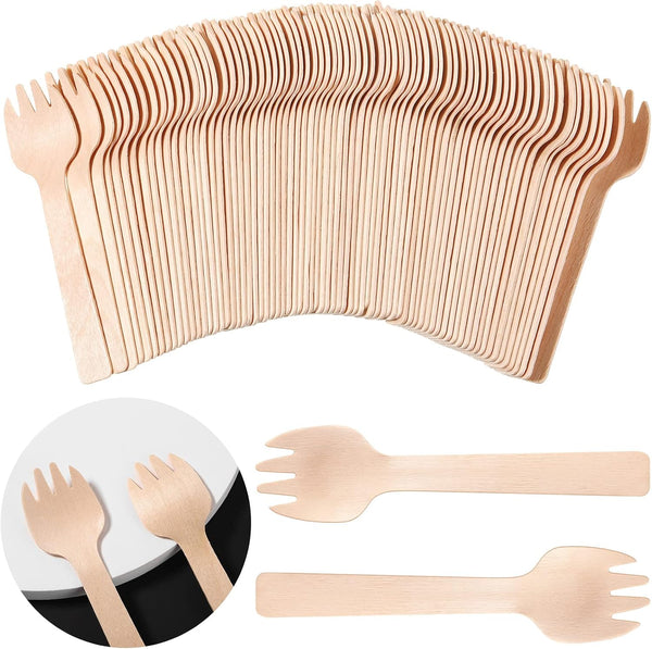 200 Pieces Disposable Mini Wooden Forks, Small Sporks, Appetizer Forks for Carnival Birthday Party Supplies (4 Inches)