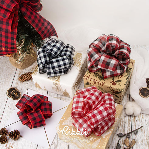 Ribbli Buffalo Plaid Burlap Wired Ribbon, 2-1/2 Inch x 10 Yard, Red and White Patriotic Ribbon for Wreath, Big Bow,