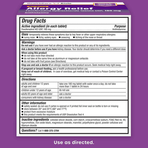 HealthCareAisle Allergy Relief - Fexofenadine Hydrochloride Tablets USP, 180 mg, 90 Tablets - Non-Drowsy 24-Hour Relief