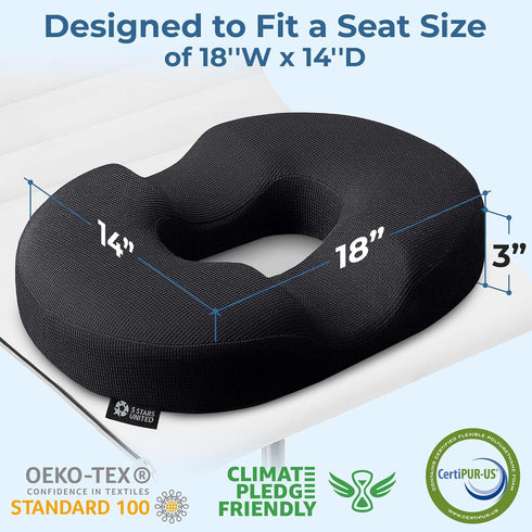 5 STARS UNITED Donut Pillow - Hemorrhoid Tailbone Cushion, Large Black Seat Cushion for Coccyx, Sciatica, Pregnancy