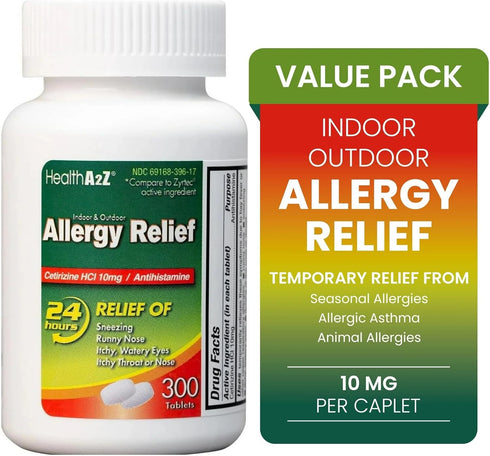 HealthA2Z 10mg, 300 Count (Pack 1), Allergy Relief, Cetirizine Dye Free, All Day Allergy Relief, Indoor & Outdoor