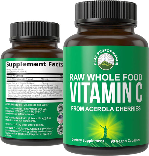 Peak Performance Raw Whole Food Natural Vitamin C Capsules from Acerola Cherry, Vegan USA Sourced, 90 Pills, 500 mg