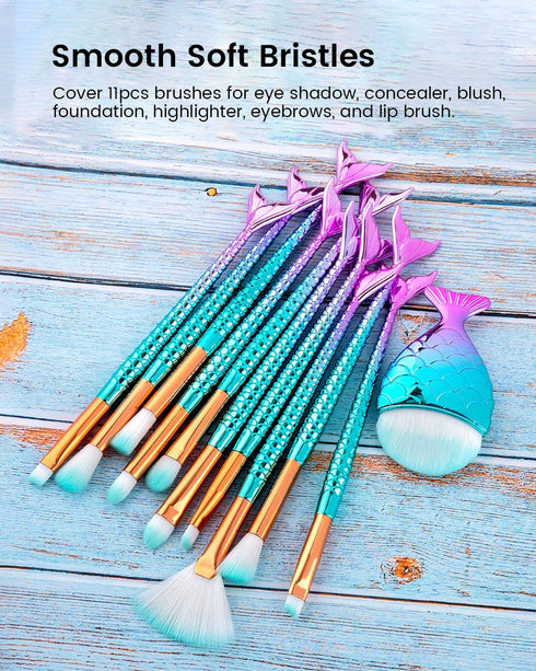 Mermaid Makeup Brushes Set, NIZIYI 11PCS Foundation, Eyebrow, EyeShadow, Lip Brushes with Bag