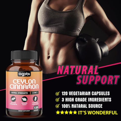 Ceylon Cinnamon Capsules with Ginger Root and Turmeric Curcumin Supplement - 120 Vegan Capsules