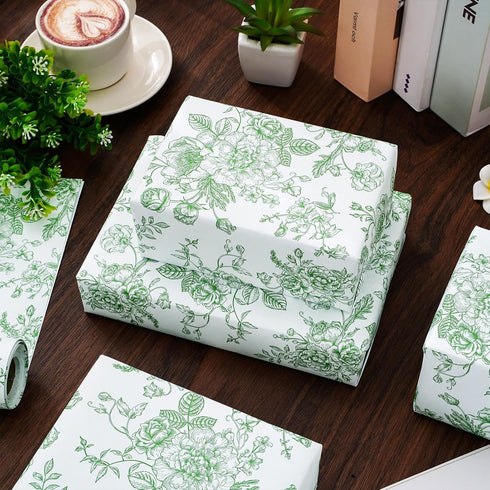 JarThenaAMCS Floral Wrapping Paper Mini Roll, 17 x 32.8 Ft Green White Flowers Gift Wrap Paper for Birthday Wedding