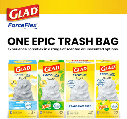 Glad Trash Bags, 13 Gallon ForceFlex Tall Kitchen Drawstring Garbage Bags, 40 Count, Package May Vary
