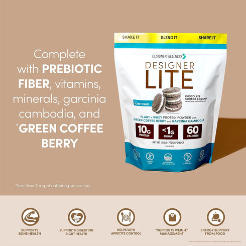 Designer Wellness, Designer Lite, Low Calorie Natural Protein, Prebiotic Fiber, Key Vitamins & Minerals