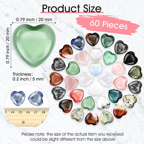 Fumete 60 Pieces Mini Natural Heart Stone - 20mm Pocket Heart Love Carved Chakra Reiki Energy Balancing Stones