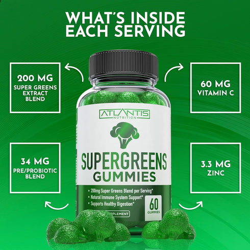Supergreens Gummies, Daily Green Superfoods Supplement with Spinach, Broccoli, Moringa, 60 Gummies