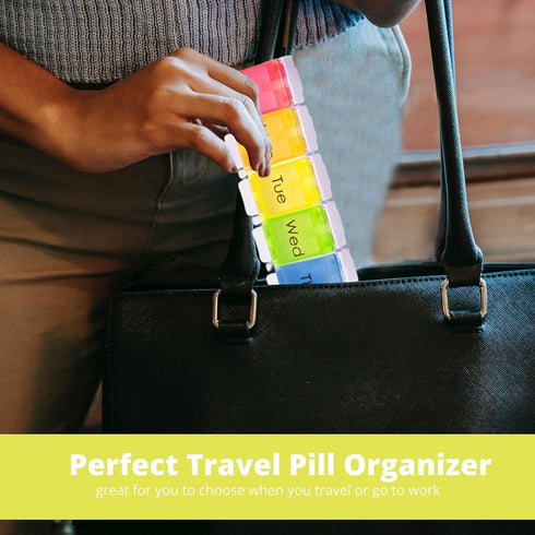 PERFORMORE Portable Weekly 7-Day Pill Organizer - Travel Medicine Box, BPA Free with Easy Push Button Design