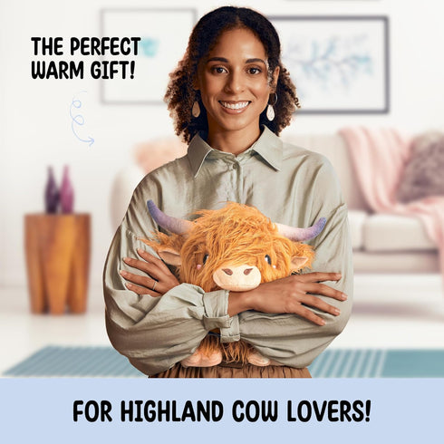 Brown Highland Cow Microwavable Heating Pad - Cute Soft Cozy Plush Heatable Pillow for Women & Kids - Kawaii Hot & Cold