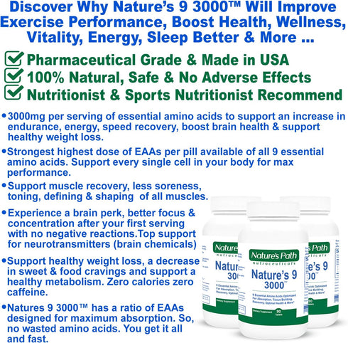 Nature's 9 Essential Amino Acids Supplement, Best EAA Amino Acid Complex, Vegan, 90 Pills