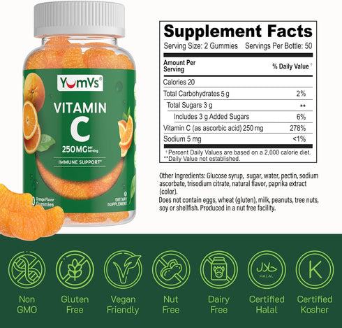 YumVs Vitamin C Gummies for Adults - 250 mg Orange Flavored Chewable Immune Gummies - Kosher, Halal, Gluten Free (200
