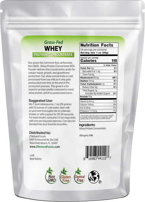 Z Natural Foods Grass-Fed Whey Protein Powder from New Zealand, Unflavoured and Undenatured Protein Powder Enriched with Vital Proteins, 100% Pure, Gluten-Free, Non-GMO, Kosher, 1 lb.