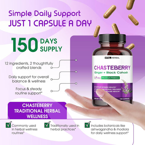VITAL HERBAL 150 Liposomal Chasteberry with Ginger & Black Cohosh Supports Hormone Balance, Emotional Wellness