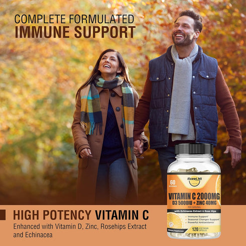 Vitamin C 2000MG, Zinc 40 mg, Vitamin D3 5000 IU, Echinacea Extract, 120 Vegan Caps, Immune Support for Adults & Kids