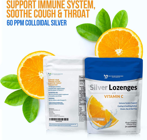 Silver Lozenges with Vitamin C - 24 Orange Lozenges, Premium Nano Silver 60 PPM, Organic Honey, Immune Support