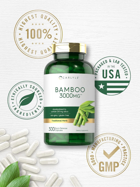 Carlyle Bamboo Extract Capsules, 3000mg | 300 Count | 210mg Silica | Non-GMO, Gluten Free Supplement