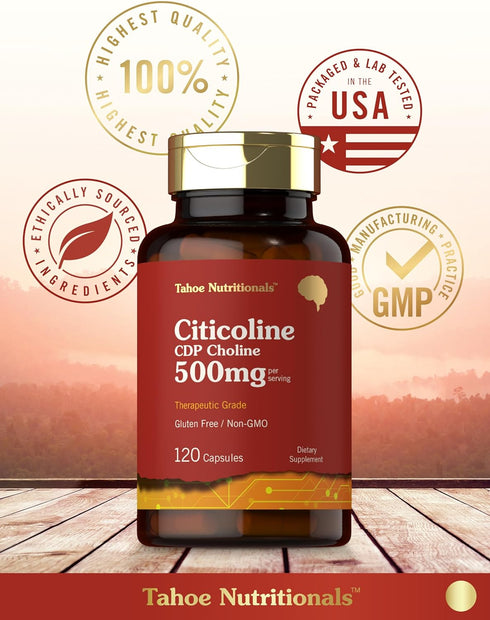 Citicoline 500mg, 120 Capsules - CDP Choline Supplements, Therapeutic Grade, Gluten Free & Non-GMO