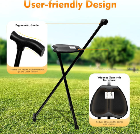 WXLTSGM 3 Portable Walking Stick, Folding Cane Chair with Seat Non-Slip Legged Portable Elders Travel Hiking Chair