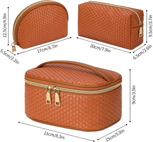 KTMOUW 3 Pcs Waterproof Makeup Bag Set: Portable Travel Cosmetic Organizer, Weave Toiletry Bag for Women, Brown